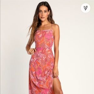 Lulus groovy mood orange paisley print asymmetrical lace up midi dress